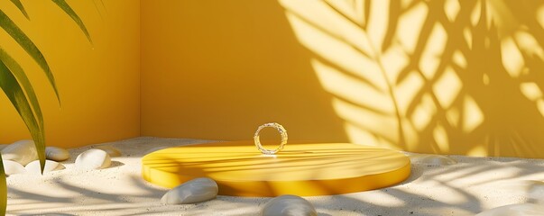 Wall Mural - A Golden Ring Resting on a Yellow Platform in a Sandy Setting