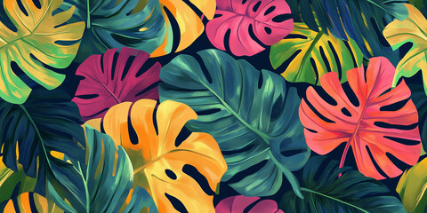 Wall Mural - Tropical monstera leaves with vibrant colors, accented by smaller florals in a harmonious blend, seamless pattern