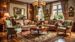 © DigitalArt Max - Cozy vintage living room with ornate wooden furniture, patterned armchairs, and rich textured fabrics, evoking a warm and nostalgic atmosphere of a bygone era.