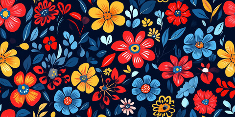 Vibrant, folk-inspired flowers in red, blue, and yellow, with stylized petals and festive details, seamless pattern