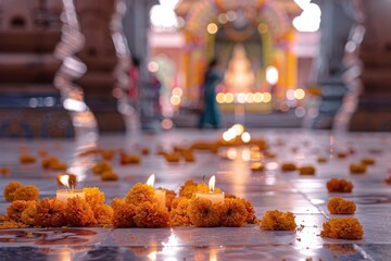 Wall Mural - Indian religious festival many diya-oil lamps around the temple, decorated with flowers and candles, in background an Indian shrine, blurred background