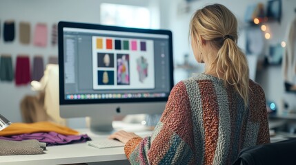 A designer crafts fashion concepts on a computer, surrounded by colorful fabrics