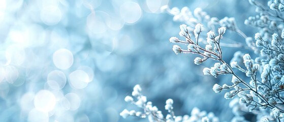 Elegant close-up of frosty branches with a soft, blue, bokeh background. Perfect for winter themes and holiday designs.