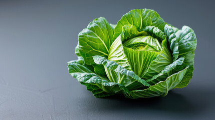 Wall Mural - A close-up of a vibrant green cabbage with crisp leaves, resting on a dark surface, highlighting its freshness.