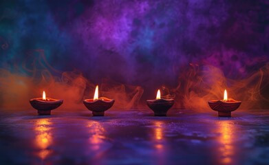 Wall Mural - A festive display of colorful clay oil lamps, or diya, lit during the Hindu festival Diwali.