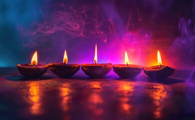 Wall Mural - A festive display of colorful clay oil lamps, or diya, lit during the Hindu festival Diwali.