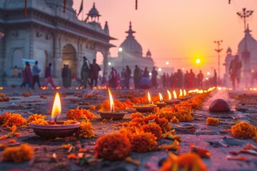 Wall Mural - Indian religious festival many diya-oil lamps around the temple, decorated with flowers and candles, in background an Indian shrine, blurred background