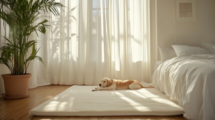 Poster - A golden retriever relaxes on a soft rug in a sunlit bedroom with plants and white curtains in a cozy home setting