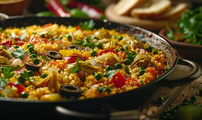 Wall Mural - Vegetable paella with saffron-infused rice, peas, bell peppers, and artichoke hearts