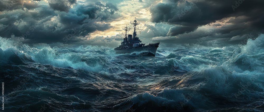 An evocative image of a naval ship navigating through turbulent seas ...