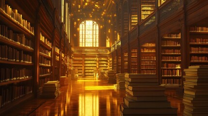 Sunlit ancient library with towering bookshelves and golden light.