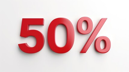 Red 50% sign on white background, representing a half-price discount or promotional offer. Modern and minimalistic design for sales and marketing use.