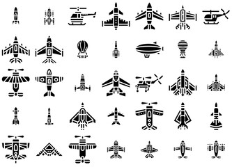 A Collection Of Airplane Solid Isolated Silhouette Solid Icons With War,Flight,Airplane,Aircraft,Transportation Simple Black Style Symbol Sign For Apps And Website, Vector Illustration