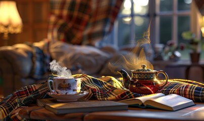 Wall Mural - Warm autumn ambiance captured with a steaming teapot, cozy plaid, and a book on the table, inviting you to relax in comfort