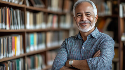 Handsome smiling confident Hispanic senior man with crossed arms looking aside, casual attire, outdoors on a sunny day. Ai generated