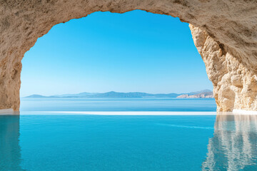 Wall Mural - Stunning infinity pool in a rocky cave overlooking a serene ocean with distant mountains under a clear blue sky, perfect for travel and relaxation themes.