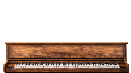 Wooden upright piano isolated on white background. Classic musical instrument with black and white keys. Perfect for music and art themes.