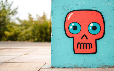 Wall Mural - Vibrant graffiti of a red skull with large blue eyes on a teal wall. Urban street art with a creative and colorful design in public space.