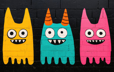 Wall Mural - Colorful graffiti art featuring three cartoon monster characters with big eyes and sharp teeth on a black brick wall, showcasing urban street creativity.