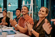 © MollerFinest/peopleimages.com - Office, business people and applause in meeting for success, achievement and company celebration for finance update. Career, employees and clapping hands for presentation, target victory or support
