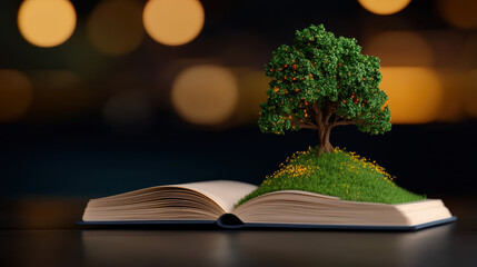 Wall Mural - open book with lush tree springing out, symbolizing knowledge growth, imagination, and creativity. g