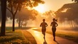 © JT-Dee - Two people running on a scenic park trail at sunrise, surrounded by trees and golden light, embracing an active and healthy lifestyle.