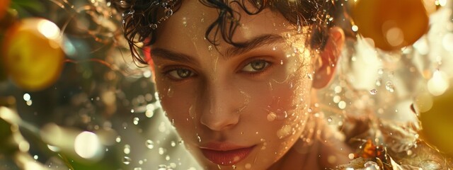 Wall Mural - Portrait of a woman with wet face surrounded by oranges and sparkling light effects