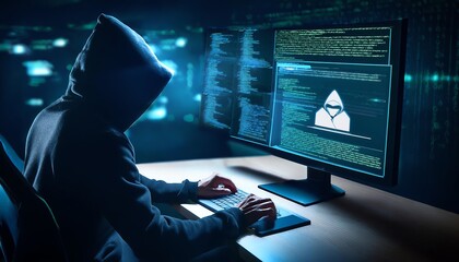 Hacker in a dark room working on computer, coding and cyber security concept, programming and online security breach, data theft.