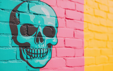 Wall Mural - Colorful street art depicting a skull on a vibrant brick wall with pink, yellow, and turquoise sections, illustrating urban creativity and modern expression.