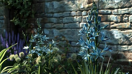 Poster - Blue Flower with Stone Wall Background.