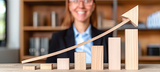 A happy business female professional showing ascending wooden block chart with upward arrow. Concept of success in business or company.