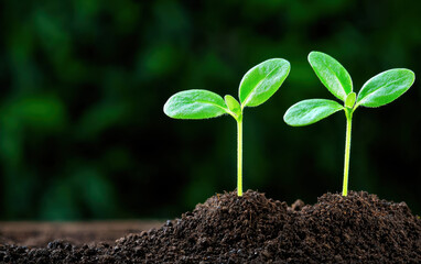 Two young green seedlings sprouting from rich soil against a blurred dark background, symbolizing growth and new beginnings.