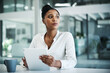 © TasJam/peopleimages.com - Office, thinking and black woman with tablet for business, research and planning for news publication. Solution, female person or journalist with digital for brainstorming, article angle and scroll