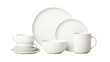 © JT-Dee - Minimalist white ceramic tableware set including plates, bowls, mugs, and cups. Perfect for modern kitchen or dining room decor.