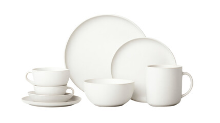 Minimalist white ceramic tableware set including plates, bowls, mugs, and cups. Perfect for modern kitchen or dining room decor.