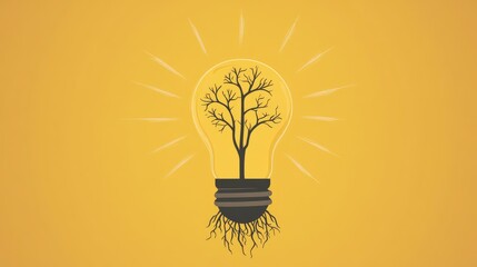 Bright light bulb with roots, ideas taking root and growing, flat design illustration