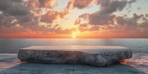 Wall Mural - A large rock sits on a beach near the ocean. The sky is filled with clouds and the sun is setting, creating a beautiful and serene atmosphere