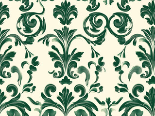 Wall Mural - Luxurious, intricate scrollwork in deep emerald green on a light ivory surface, seamless pattern