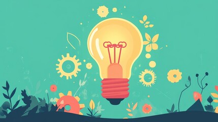 Light bulb with gears turning, ideas leading to growth, flat design illustration 