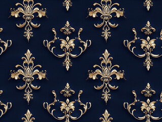 Wall Mural - Sophisticated, baroque patterns in rich navy blue with subtle, golden highlights, seamless pattern