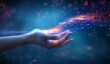 © IULIIA - Hand reaching out towards glowing energy, representing the concept of the universe and creation with a digital background.