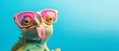 © Corri Seizinger - Funny animal - Celebration, happy birthday, summer party, greeting card banner - chameleon reptile with sunglasses and tongue stuck out, isolated on blue background texture