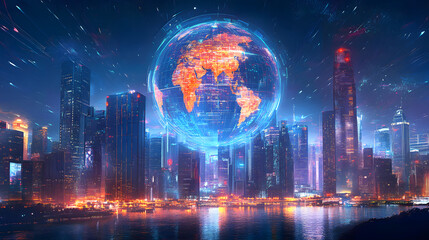 Wall Mural - futuristic global cityscape night modern city skyscrapers digital globe connection illustration worl