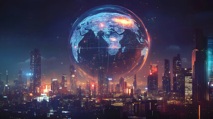 Wall Mural - futuristic global cityscape night modern city skyscrapers digital globe connection illustration worl