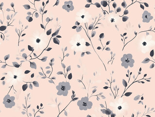 Wall Mural - Timeless, floral elements in muted gray on a soft pastel pink background, seamless pattern