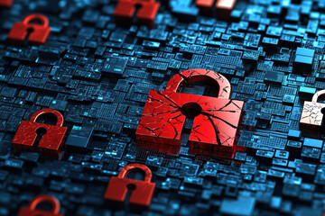 Wall Mural - image depicting data security with red padlocks on a digital circuit board symbolizing cybersecurity