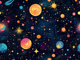 Colorful galaxies and star clusters floating in a vast, dark universe, seamless pattern