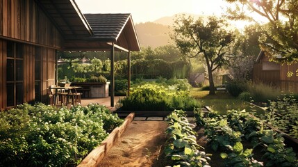 A rustic wooden house with a garden path leading to a lush garden.  The warm morning light bathes the scene in a golden glow.