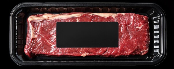 Wall Mural - Raw striploin steak lying on black plastic tray with empty label