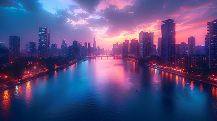 Sticker - Dusk falls over a modern city with a skyline in pastel hues of peach, lavender, and light blue. A calm river reflects the tranquil cityscape. Wide-angle shot, hd quality, natural look.